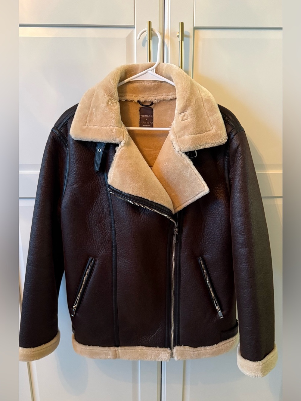Primark Brown Faux Leather Aviator Jacket with Cream Shearling